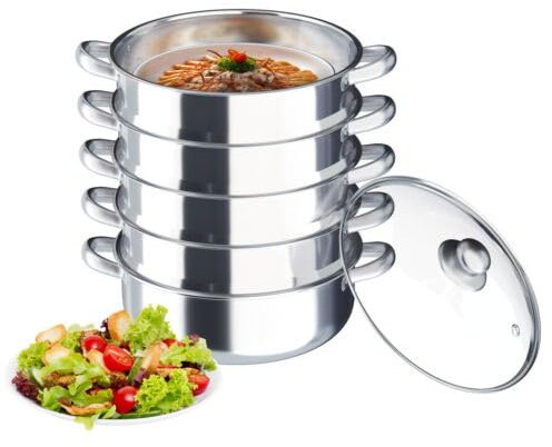 Vaporera de 30 cm, 5 niveles, acero inoxidable, con cubierta de cristal, olla de vapor para todo tipo de fuegos, olla de cuscús, olla para olla de cocción, olla de inducción