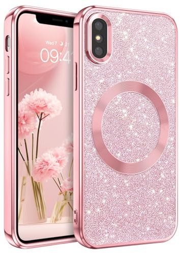 YINLAI Magnetische Schutzhülle für iPhone XS, kompatibel mit Magsafe, Glitzer-Schutzhülle, dünn, stoßfest, glitzernd, für iPhone X/XS 5,8 Zoll, Rosa