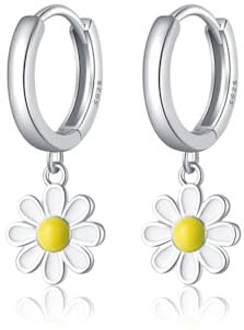 SLUYNZ 925 Sterling Silber Gänseblümchen Blume Creolen Ohrringe für Damen Mädchen Kleine Gänseblümchen Creolen Ohrringe Huggie Tropfen (A-Silver)