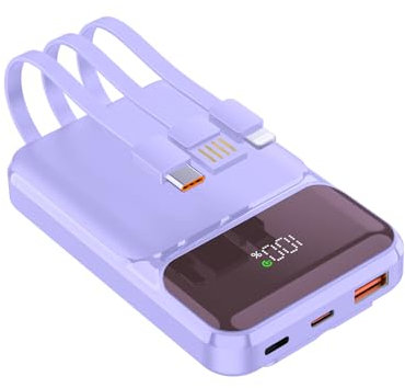 Power Bank 10000mAh PD 22.5W QC 4.0 Quick Charge USB C Outputs with Built in Fast Charging Cables Portable Charger Battery Pack Compatible with iPhone Samsung Google Pixel LG (Purple)