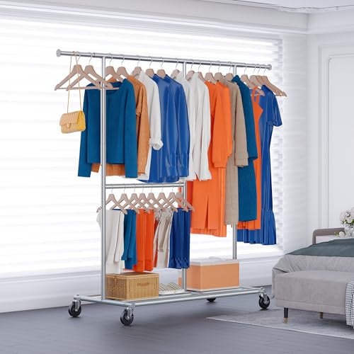 HOKEEPER Schwerlast Kleiderständer auf Rollen, Kleiderstange mit unterem Gestell, 2-stufiger mobiler Garderobenständer, mit verstellbaren Kleiderwagen, verchromter Stahl, Silber