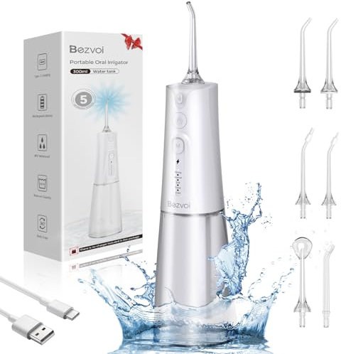 Idropulsore Dentale Portatile:Irrigatore Orale con 5 Modalità, Serbatoio d'acqua da 300 ml, Pulitore Elettrico Impermeabile IPX7, Filo Interdentale con 6 Punte per la Pulizia di Gengive e Denti