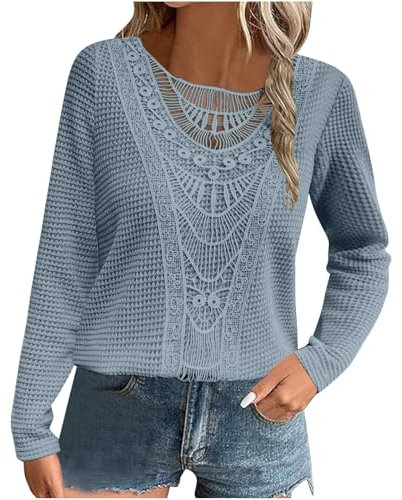 UK Women's Long Sleeve Tunic Tops - Elegant Dressy & Casual Waffle Tshirts, Plain Loose Sweatshirt Crewneck Pullover Lace Blouse Ladies Work Office Tee Shirts