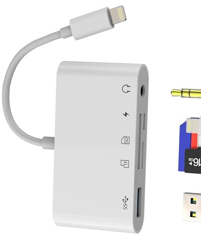 Adaptateur Lightning À USB(5 En 1)Lecteur de Cartes SD Jack Casque 3.5mm Pour Apple iPhone 14 Câble OTG 3.0 Pour iPad Micro SD TF Carte Lecteur Clé Mémoire Appareil Photo Numérique Adaptateur Externe