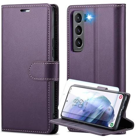 for Samsung Galaxy S21 Case and Screen Protectors with RFID Blocking Credit Card Holder, PU Leather Folio Flip Kickstand Protective Shockproof Women Men for Samsung S21 Wallet Phone Case (Purple)
