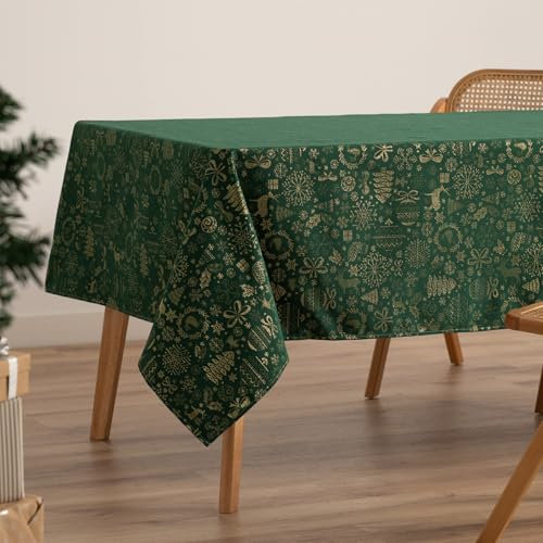 GAMUSI Tischdecke für Weihnachten, Jacquard, Goldgarn, Esstisch, quadratisch, Weihnachtsdekoration, 140 x 100 cm, Grün