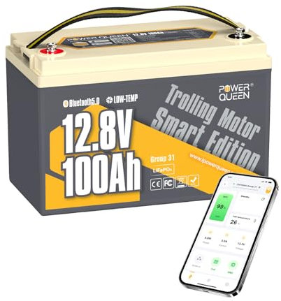 Power Queen 12V 100Ah Lithium Batterie Bluetooth 5.0, Deep Cycle LiFePO4 Batterie Max. Ausgangsleistung 1280W, 100A BMS, Niedertemperatur-Abschaltschutz für Wohnmobil, Trolling-Motoren, Boot