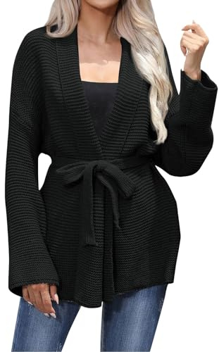 Dicke Strickjacke Damen Lang Warm Strickjacken Langarm mit Gürtel Longstrickjacke Winter Grobstrick Damenstrickjacke Elegant Mittellang Strick Cardigan Mit Schalkragen Strickmantel Einfarbig
