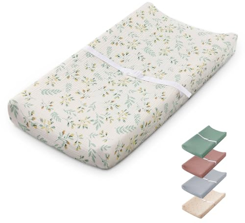Blissful Diary Musselin Baby Wickelunterlage mit wasserdichtem Futter Schaumstoff, Wickeltischauflage mit Bezug für Kommoden (Botanisches Blatt, rechteckig)