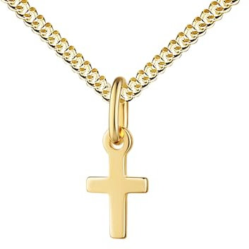 JEVELION Kleine Taufkette Taufkreuz 585 Gold Kreuzanhänger Goldkreuz für Damen und Kinder Kettenanhänger 14 Karat Gelbgold. Mit Panzerkette 925 Silber vergoldet - Kettenlänge 40 cm.