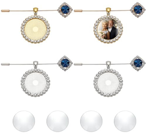 WEBEEDY 4 Pcs Épingles commémoratives en Or et Argent Épingles Broche Vintage Bouquet de Mariage Photo Charms Épingle Broche avec Pendentif Photo Cabochons Transparents Épingles Décoratives