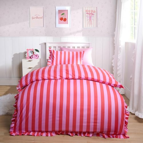 OHS Striped Bedding Double Duvet Set, Gifts for Women Super Soft Cosy Warm Ruffle Frill Edge Bedding Double Bed Set Stylish Reversible Quilt Cover with Matching Pillowcases, Pink/Red