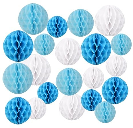 Papier Wabenbälle Set, iMeshbean 21 Stück Blau weiß Wabenball Pom Poms Set Papierkugeln 15cm 20cm 25cm Honeycomb Balls Wabenpapier Dekoration Set für Hochzeit Geburtstag Party,Blaues Set