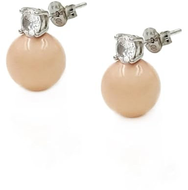 Orecchini in Argento Sterling 925 e Zirconia Cubica Bianca con Sfera Colorata in Pasta di Turchese, Corallo Rosa e Corallo Rosso Rosa