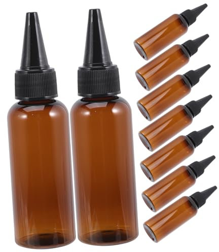 VICASKY 10pcs Hair Oil Applicator Bottles Lid, 50ml Brown Pet Plastic Refillable Squeeze Bottles for Hair Dye and Oil Application, Suitable for Salon and Home Use