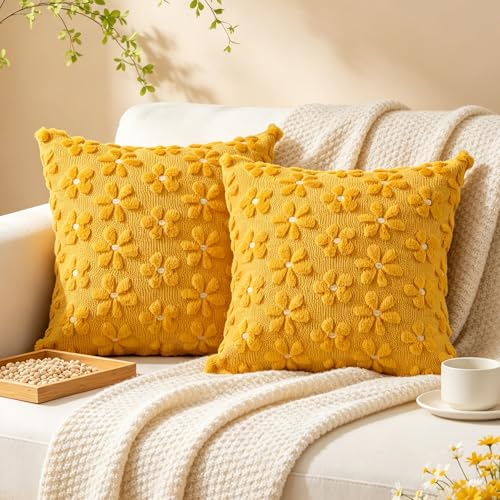 Sunshine smile Kissenbezug 50x50 cm,2er Set Kissenhülle Blumen,Wolle Blumens Kissenbezug,Zierkissenbezug Dekokissen,Kissenbezugs Kordsamt,Deko Kissen Wohnzimmer,Deko Kissen Blumen Sofa Sessel,Gelb