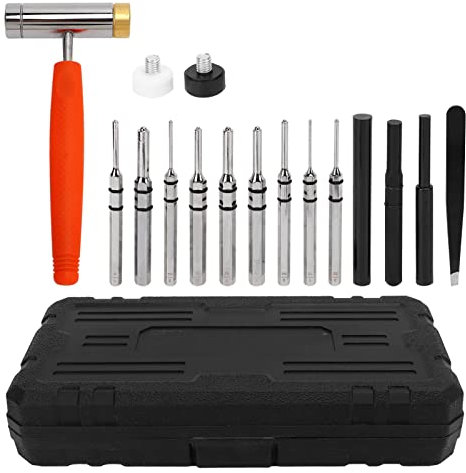 Punch Set with Detachable Hammer, Steel Punch Tools Kit, Includes 12 Punches, Tweezers, 2 Hammerheads and Storage Box, outstanding for Machinery, Vehicles, Woodwork and Crafts