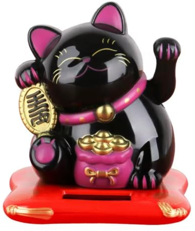 THP DEALS Lucky Cat Waving Moving Arm Solar Power Chinese Oriental Maneki Neko Feng Shui Money Decoration Dancing Cats Chinese Gift, for Welcoming Fortune Luck Wealth, Car decor (Black)