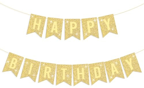Gold Happy Birthday Banner Decorations, Pre-Strung Glitter Birthday Party Banner Sign, Happy Birth day Sign Decor for Women Men Party Supplies