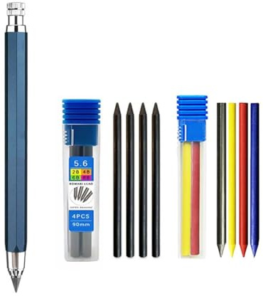 MROOFUL Druckbleistift-Set aus Metall, 5,6 mm, mit 4-farbiger Mine, 6 + schwarzer Mine (2B/4B/6B/8B) für Tischler, Markierung, Ingenieur, Skizzieren, Schreiben, automatischer Bleistift (blau)