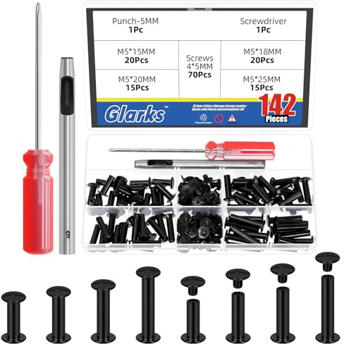 Glarks 70 ensembles M5 x 15/18/20/25mm noir Chicago vis kit, comprend 70pcs Chicagos vis de liaison, 1pcs poinçon, 1pcs tournevis