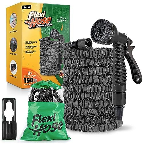 Flexi Hose 150FT Expandable Garden Hose, Retractable Water Hose, Black | Includes Spray Nozzle with Multiple Functions, Perfect for Garden Watering, Lawn Care, Car Washing & Outdoor Cleaning