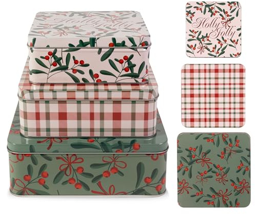 Steel Mill & Co. Square Cookie Tin Set of 3, Holly Jolly