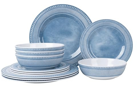 AELS Melamine Dinnerware Set, 12 Piece Dinner Set for Indoor and Outdoor Use, Melamine Plate and Bowl Set for 4, Dishwasher Safe, Lightweight, Shatterproof