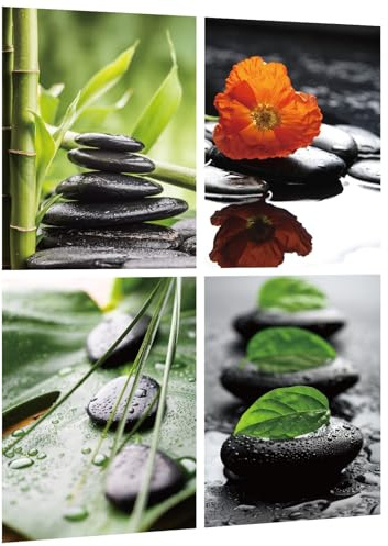 4er Set Wandtattoo Zen Steinen - Wandsticker Grüne Pflanzen Blumen & SPA Badezimmer Poster Selbstklebend - Wandaufkleber für Deko Toilette, Wohnzimmer, Esszimmer, Büro 50x35cm (b)