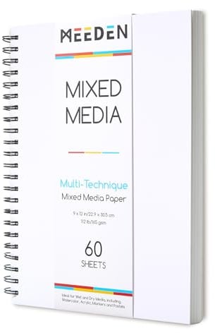 MEEDEN Bloc de papier pour supports mixtes : 22,9 x 30,5 cm, 50,8 kg/165 g/m², carnet de croquis à spirales avec couverture DIY – 60 feuilles de bloc de dessin pour supports humides et secs aquarelle