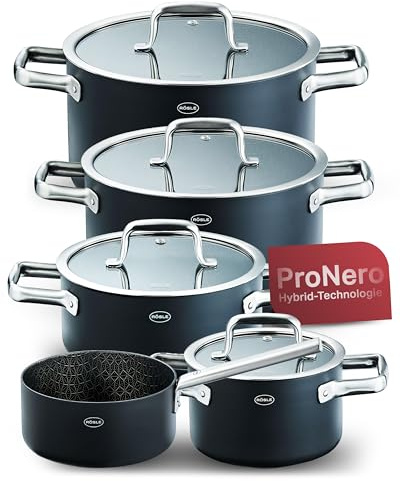 RÖSLE EBONIC Topfset Induktion 5 teilig – Kochtopf Set Edelstahl mit Deckel – Töpfe Set für Induktionsherd – ProNero Keramik Antihaftbeschichtung mit Edelstahl-Wabenstruktur – für alle Herdarten