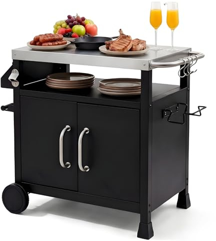 TLSUNNY Grilltisch Outdoor mit Edelstahl Tischplatte | Grillwagen mit Unterschrank, Servierwagen mit 2 Rollen, für Garten, Terrasse, Balkon, Partys, BBQ Beistelltisch