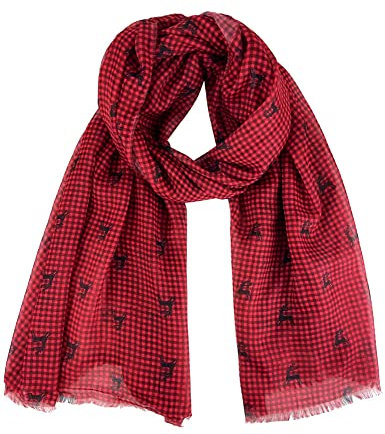 Trachtenland - Trachten Schal kariert mit Hirschmotiv - Schönes Halstuch zu Dirndl und Lederhose (Rot, Maße: ca. 185 x 70 cm)