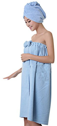 ZiXing Douce Bowknot Serviette de Bain Spa En Microfibre Super Soft Absortant Protable pour Femme Serie de Robe Tube Avec Bonnet de Douche bleu OneSize