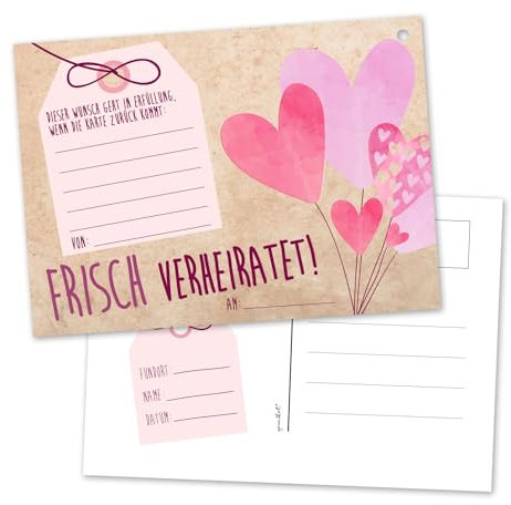 younikat 50 Luftballon-Karten Frisch verheiratet I dv371 I DIN A6 I Set Ballon-Flugkarten zur Hochzeit I gelocht, extra leicht, rosa, beige I Wunschkarte