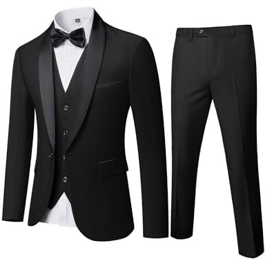 MY'S Mens 3 Piece Tuxedo Set with Bow Tie, Shawl Lapel One Button Jacket Vest & Pants, Slim Fit Suit Prom Party Wedding Tux, Black