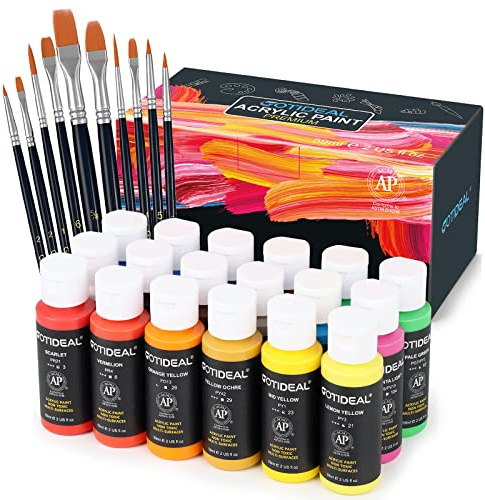 GOTIDEAL Acrylfarben-Set mit 10 Pinseln, 18 Farben für drinnen und draußen, 59 ml, Kunsthandwerk, ungiftig, perfekt für Hobby, Künstler, Erwachsene, ideal für Leinwand, Holz, Ton, Keramikfarbe