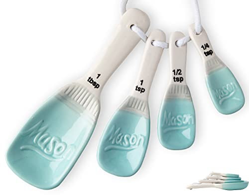 Ceramic Mason Jar Measuring Spoons – Aqua Blue, Decorative Tablespoons That Nest– 4 Rustic Measuring Spoons for Farmhouse Kitchen Décor - 1 Tbsp, 1 TSP, ½ TSP and ¼ TSP with Vintage Ribbon