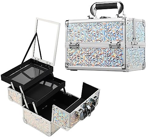 Joligrace Makeup Box Vanity Case Cosmetic Organiser Box Beauty Storage Train Case with Mirror, Lockable with Keys, Dazzle Silver