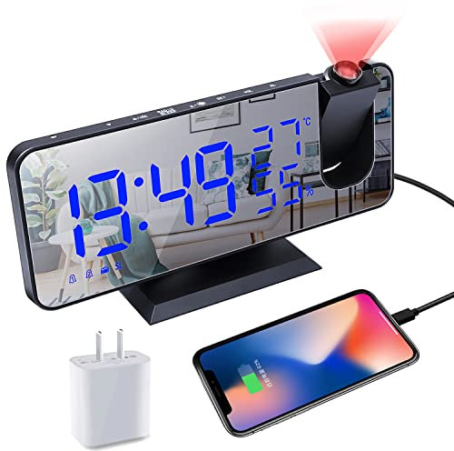 Projection Digital Alarm Clock for Bedrooms,Alarm Clock Radio on Ceiling, USB Charger Port, Temperature & Humidity Display, 7.3” Large Mirror LED Display,12/24H,Snooze,Dual Loud Clock- 4 Dimmer
