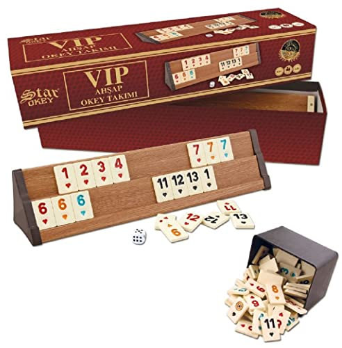 Milanino Rummy Okey Spiel Set Premium Set „VIP Wooden“ Edition mit Kunststoffsteinen Okay Takimi Türkisch aus hochwertigem Holz (Holz)