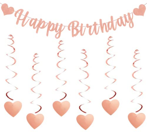 Pargleev Happy Birthday Banners - 6 Piece Hanging Swirl Sweet Heart Rose Gold Glitter Bunting Banner For Women & Girls Birthday Party Decorations