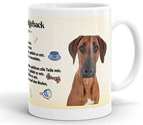 Merchandise for Fans Becher aus Keramik - 330 ml Motiv: Rhodesian Ridgeback Hund mit Spruch Eigentumsrechte (02)
