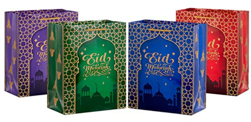 Hallmark 22,9 cm große Eid Geschenktüten-Set (4 Taschen: Eid Mubarak mit Sternen und Skyline) in Rot, Blau, Grün, Violett