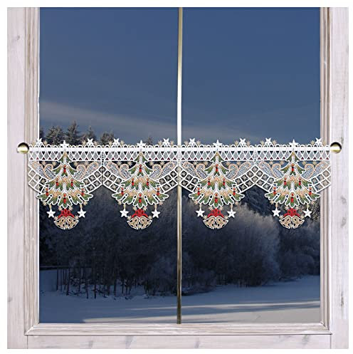 Winter-Feenhausgardine Weihnachtsbaum mit Glöckchen und roten Kerzen | Hochwertig gestickter Scheibenhänger Tannenbaum mit Sternen-Deko Plauener Spitze | 22 cm hoch, vielen Breiten