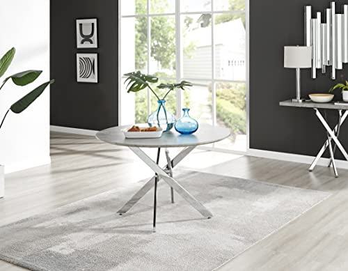 Furniturebox UK Dining Table - Novara 120cm Round Industrial Grey Concrete Effect Table with Silver Chrome Nested Starburst Legs - 2 4 6 Seater Table - Modern Family Dining Furniture