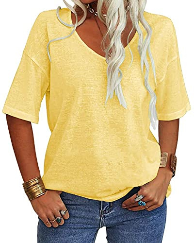 Tankaneo Camiseta de mujer con cuello en V, manga corta, estilo casual, ajuste holgado, top básico de verano, túnica oversize, amarillo, XL