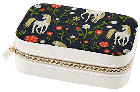 WOSHJIUK Schmuckschatulle Reise Schmuckschatulle,Pferd mit Blumen und Einhorn,Schmuck Organizer Kleine Schmuckschatullen für Frauen