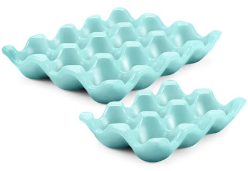 Flexzion 12 + 6 Cups Ceramic Egg Holder for Fridge - 18 Porcelain Egg Tray Container Keeper Storage Organizer Decorative Serving Stand Serveware for Refrigerator Countertop Display Kitchen (Blue)
