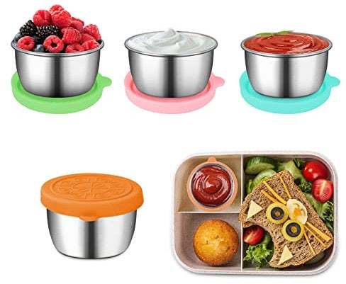 Kssvzz Récipient Vinaigrette avec Couvercles en Silicone, 4Pcs 50ml Recipient Sauce Salade en Acier Inoxydable, Boîtes Alimentaires Réutilisable Résistant Aux Fuites Pour Party Transport Voyage